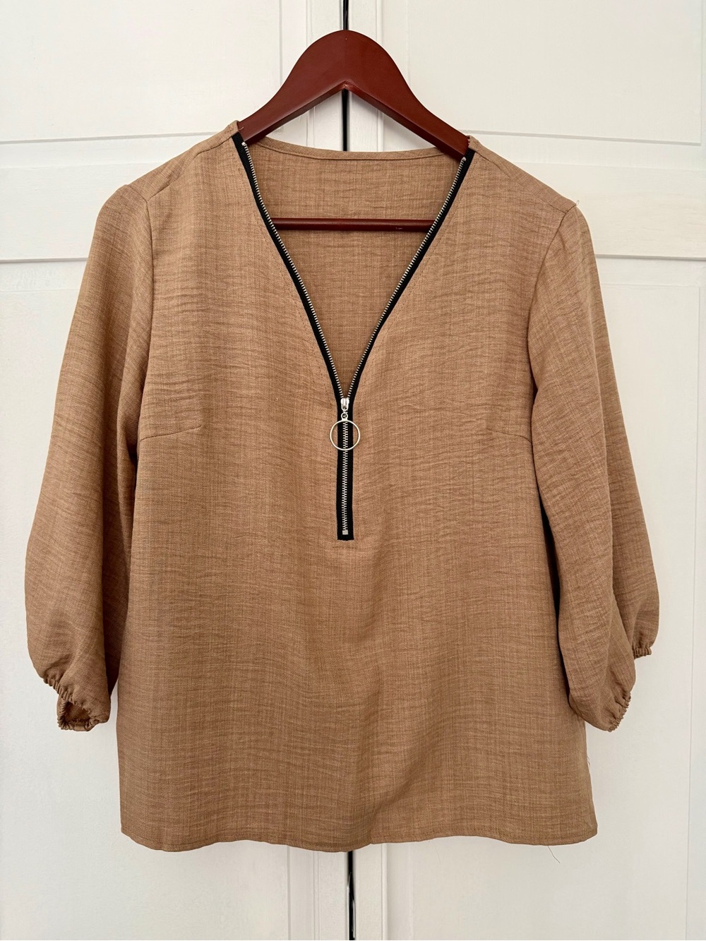 SHEIN Tan Half-Zip V-Neck Blouse with Ring Pull